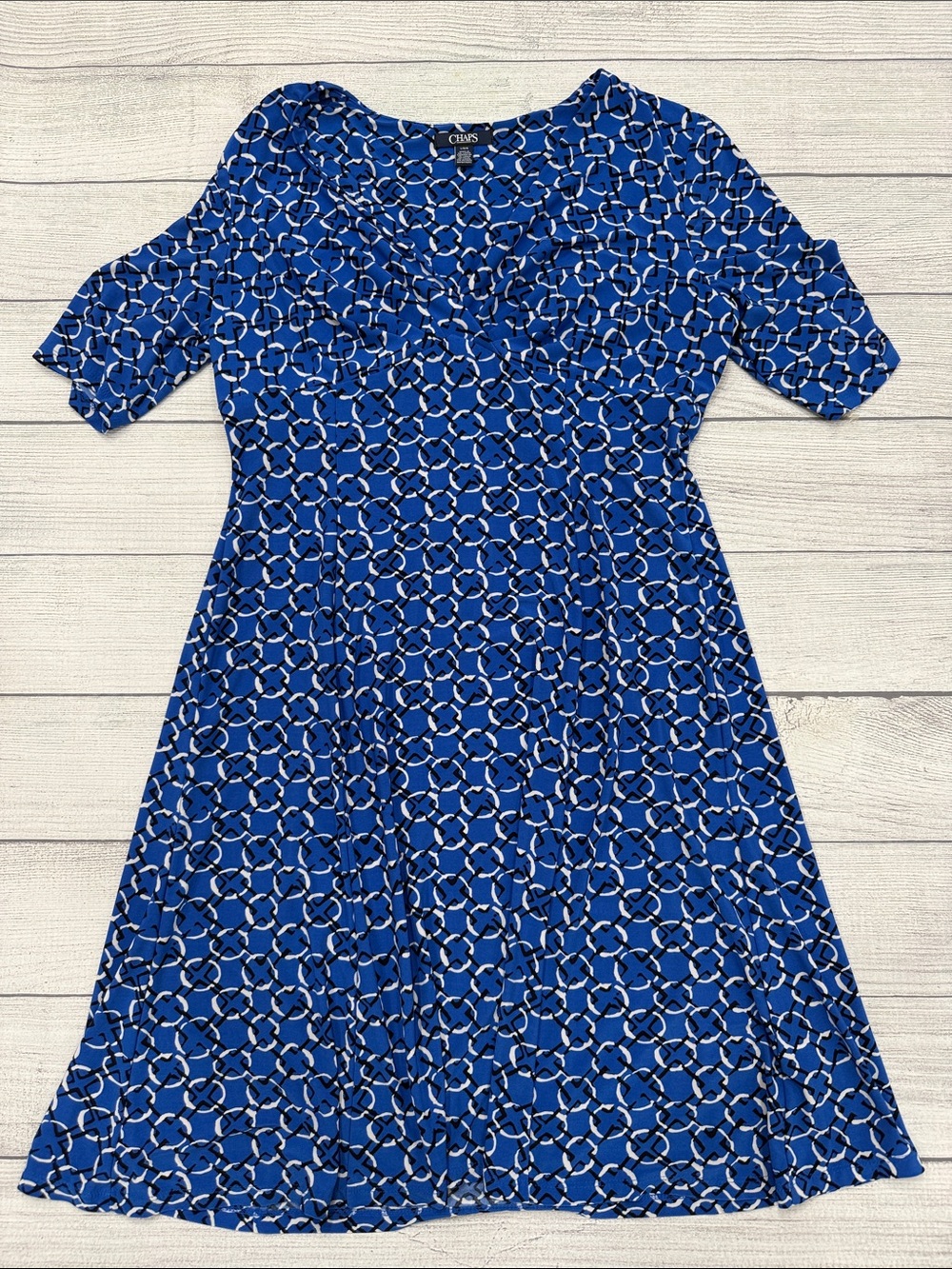 Chaps Blue Geometric Faux Wrap Fit & Flare Dress Women’s Large